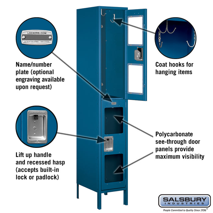Salsbury 15" Wide Double Tier See-Through Metal Locker - 1 Wide - 6 Feet High - 18 Inches Deep - Blue - Assembled - Sweatfully