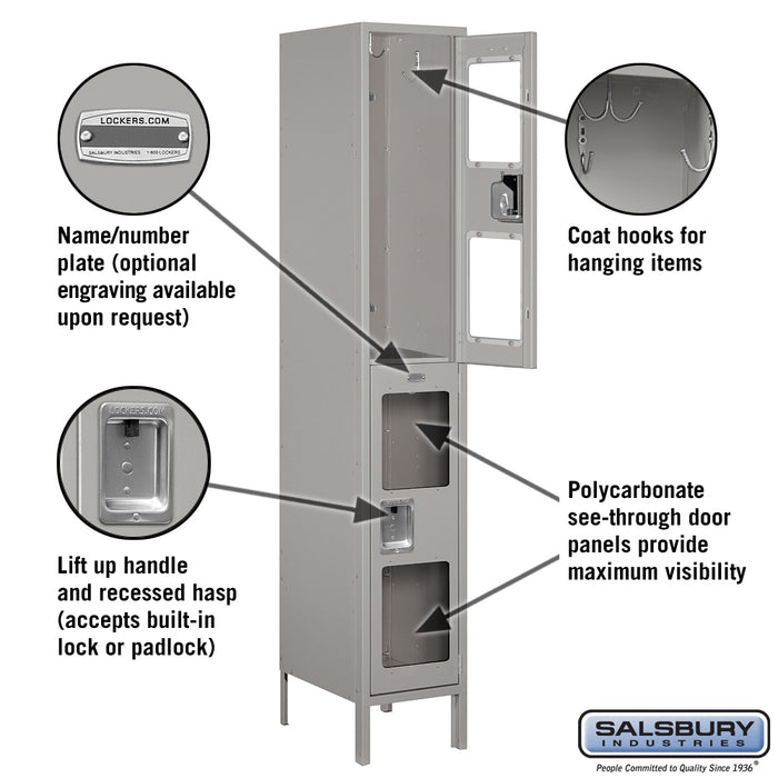 Salsbury 15" Wide Double Tier See-Through Metal Locker - 1 Wide - 6 Feet High - 18 Inches Deep - Gray - Unassembled - Sweatfully