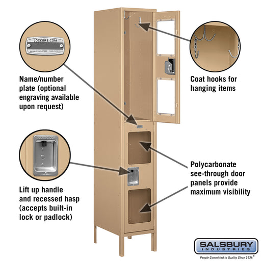 Salsbury 15" Wide Double Tier See-Through Metal Locker - 1 Wide - 6 Feet High - 18 Inches Deep - Tan - Assembled - Sweatfully