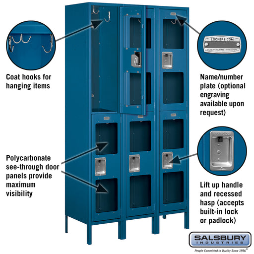 Salsbury 15" Wide Double Tier See-Through Metal Locker - 3 Wide - 6 Feet High - 15 Inches Deep - Blue - Assembled - Sweatfully