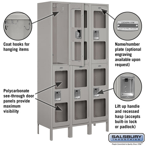 Salsbury 15" Wide Double Tier See-Through Metal Locker - 3 Wide - 6 Feet High - 15 Inches Deep - Gray - Assembled - Sweatfully