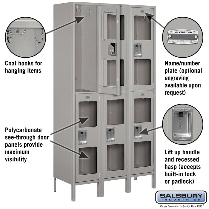Salsbury 15" Wide Double Tier See-Through Metal Locker - 3 Wide - 6 Feet High - 15 Inches Deep - Gray - Unassembled - Sweatfully