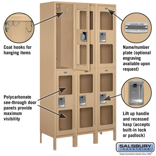 Salsbury 15" Wide Double Tier See-Through Metal Locker - 3 Wide - 6 Feet High - 15 Inches Deep - Tan - Assembled - Sweatfully