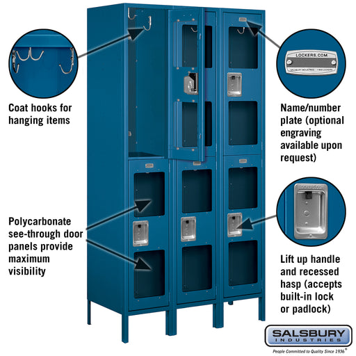 Salsbury 15" Wide Double Tier See-Through Metal Locker - 3 Wide - 6 Feet High - 18 Inches Deep - Blue - Unassembled - Sweatfully
