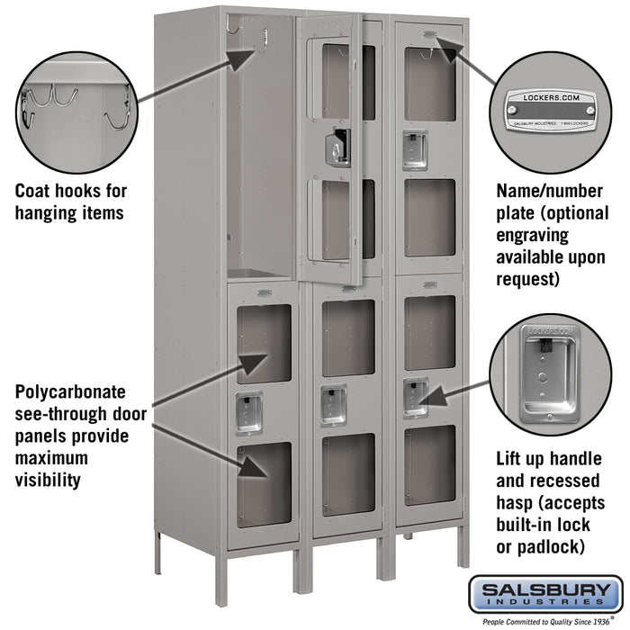 Salsbury 15" Wide Double Tier See-Through Metal Locker - 3 Wide - 6 Feet High - 18 Inches Deep - Gray - Unassembled - Sweatfully