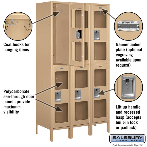 Salsbury 15" Wide Double Tier See-Through Metal Locker - 3 Wide - 6 Feet High - 18 Inches Deep - Tan - Assembled - Sweatfully