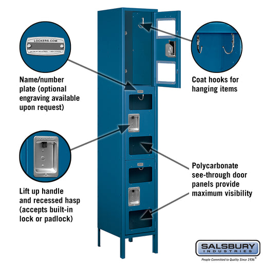 Salsbury 15" Wide Triple Tier See-Through Metal Locker - 1 Wide - 6 Feet High - 15 Inches Deep - Blue - Unassembled - Sweatfully