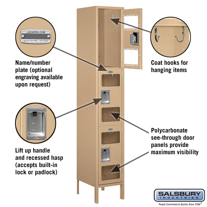 Salsbury 15" Wide Triple Tier See-Through Metal Locker - 1 Wide - 6 Feet High - 15 Inches Deep - Tan - Assembled - Sweatfully