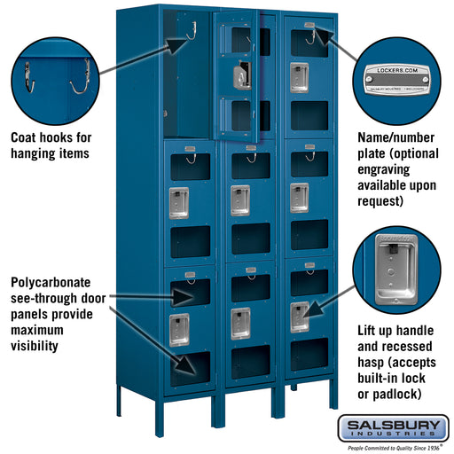Salsbury 15" Wide Triple Tier See-Through Metal Locker - 3 Wide - 6 Feet High - 15 Inches Deep - Blue - Unassembled - Sweatfully