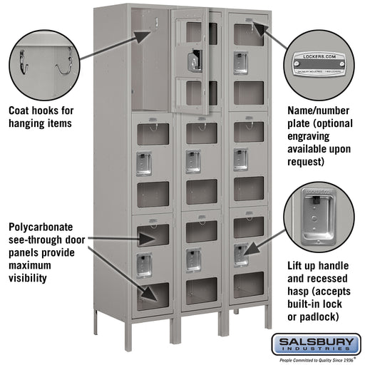 Salsbury 15" Wide Triple Tier See-Through Metal Locker - 3 Wide - 6 Feet High - 15 Inches Deep - Gray - Unassembled - Sweatfully