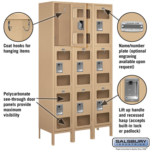Salsbury 15" Wide Triple Tier See-Through Metal Locker - 3 Wide - 6 Feet High - 15 Inches Deep - Tan - Assembled - Sweatfully