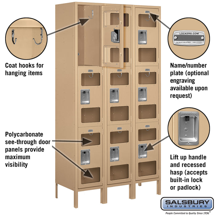 Salsbury 15" Wide Triple Tier See-Through Metal Locker - 3 Wide - 6 Feet High - 15 Inches Deep - Tan - Assembled - Sweatfully