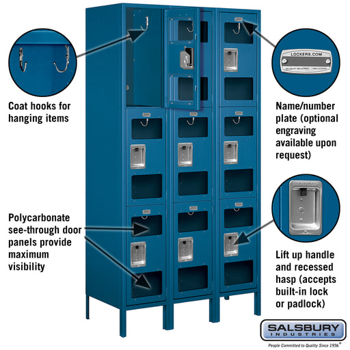 Salsbury 15" Wide Triple Tier See-Through Metal Locker - 3 Wide - 6 Feet High - 18 Inches Deep - Blue - Assembled - Sweatfully