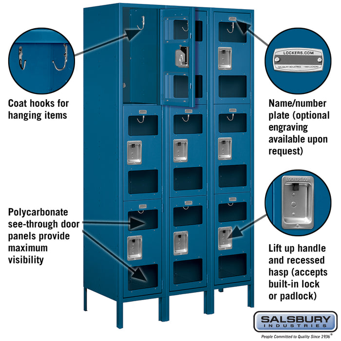 Salsbury 15" Wide Triple Tier See-Through Metal Locker - 3 Wide - 6 Feet High - 18 Inches Deep - Blue - Assembled - Sweatfully