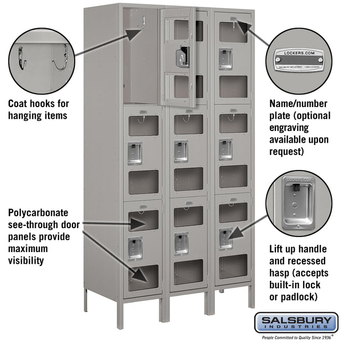 Salsbury 15" Wide Triple Tier See-Through Metal Locker - 3 Wide - 6 Feet High - 18 Inches Deep - Gray - Assembled - Sweatfully