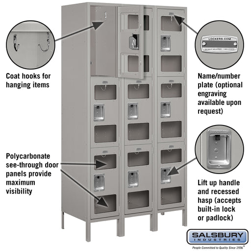 Salsbury 15" Wide Triple Tier See-Through Metal Locker - 3 Wide - 6 Feet High - 18 Inches Deep - Gray - Unassembled - Sweatfully