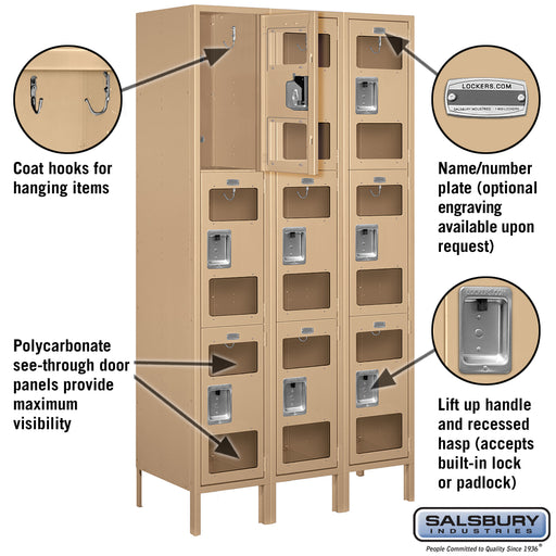 Salsbury 15" Wide Triple Tier See-Through Metal Locker - 3 Wide - 6 Feet High - 18 Inches Deep - Tan - Unassembled - Sweatfully