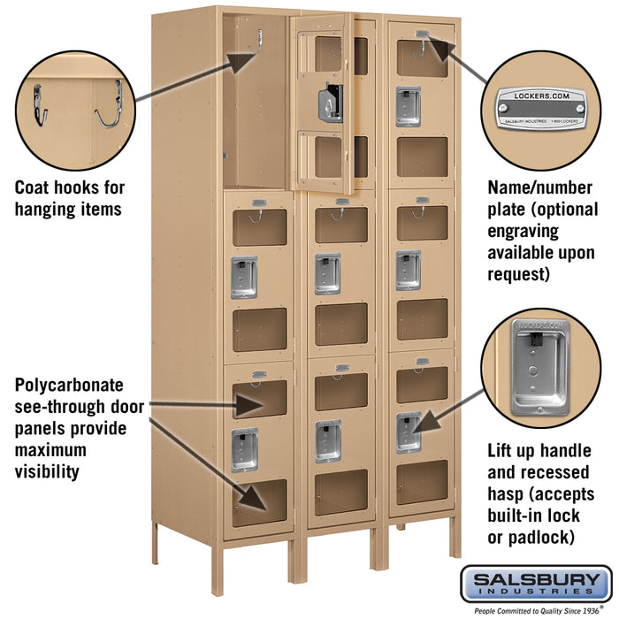 Salsbury 15" Wide Triple Tier See-Through Metal Locker - 3 Wide - 6 Feet High - 18 Inches Deep - Tan - Unassembled - Sweatfully