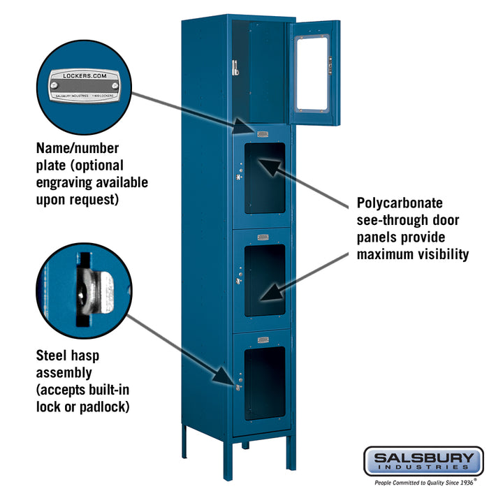 Salsbury 15" Wide Four Tier See-Through Metal Locker - 1 Wide - 6 Feet High - 15 Inches Deep - Blue - Unassembled - Sweatfully