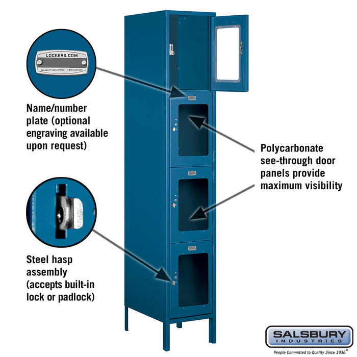 Salsbury 15" Wide Four Tier See-Through Metal Locker - 1 Wide - 6 Feet High - 18 Inches Deep - Blue - Assembled - Sweatfully