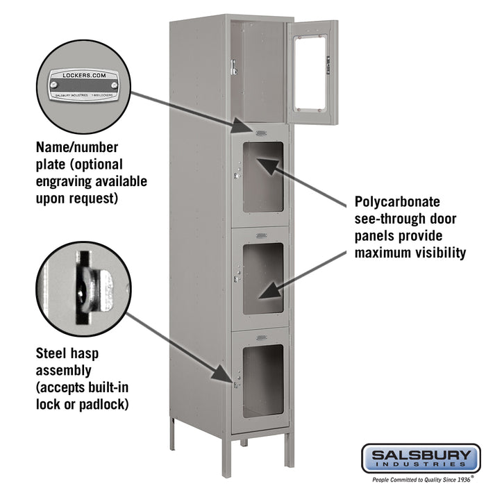 Salsbury 15" Wide Four Tier See-Through Metal Locker - 1 Wide - 6 Feet High - 18 Inches Deep - Gray - Unassembled - Sweatfully
