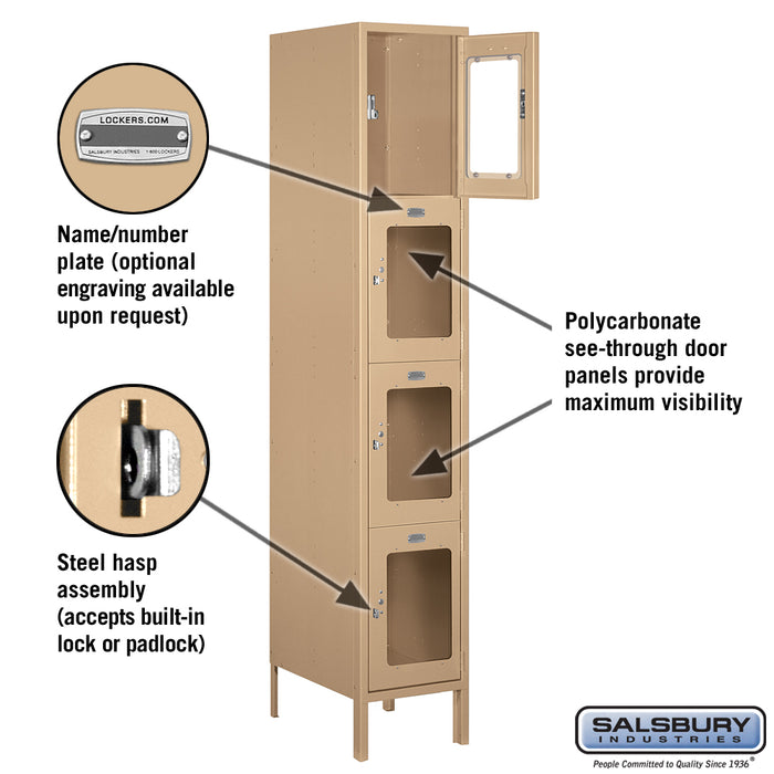 Salsbury 15" Wide Four Tier See-Through Metal Locker - 1 Wide - 6 Feet High - 18 Inches Deep - Tan - Unassembled - Sweatfully