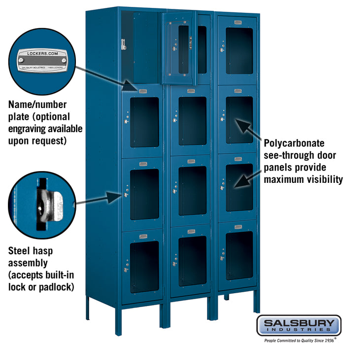 Salsbury 15" Wide Four Tier See-Through Metal Locker - 3 Wide - 6 Feet High - 15 Inches Deep - Blue - Assembled - Sweatfully