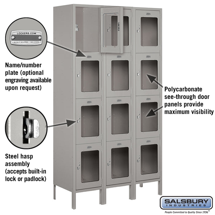 Salsbury 15" Wide Four Tier See-Through Metal Locker - 3 Wide - 6 Feet High - 15 Inches Deep - Gray - Assembled - Sweatfully