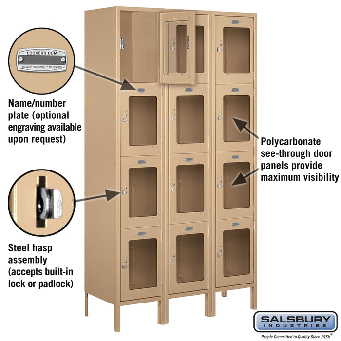 Salsbury 15" Wide Four Tier See-Through Metal Locker - 3 Wide - 6 Feet High - 15 Inches Deep - Tan - Assembled - Sweatfully