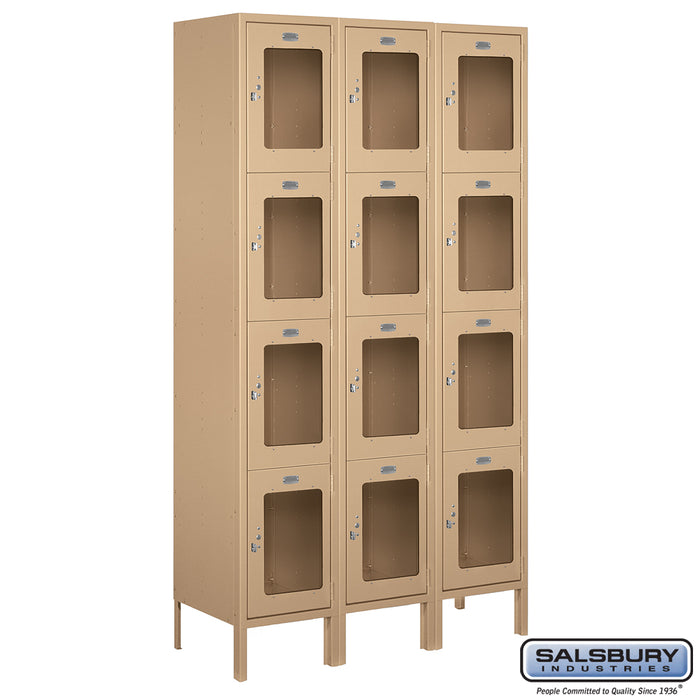 Salsbury 15" Wide Four Tier See-Through Metal Locker - 3 Wide - 6 Feet High - 15 Inches Deep - Tan - Assembled - Sweatfully