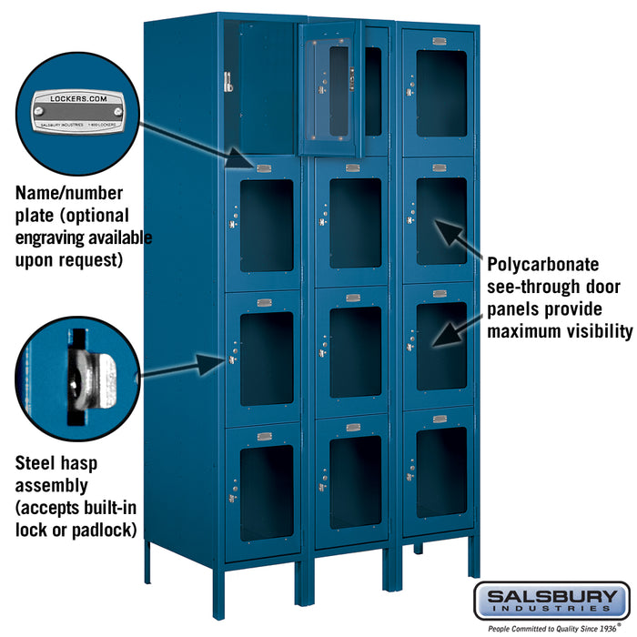Salsbury 15" Wide Four Tier See-Through Metal Locker - 3 Wide - 6 Feet High - 18 Inches Deep - Blue - Assembled - Sweatfully