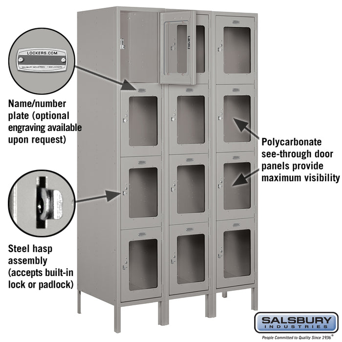 Salsbury 15" Wide Four Tier See-Through Metal Locker - 3 Wide - 6 Feet High - 18 Inches Deep - Gray - Assembled - Sweatfully