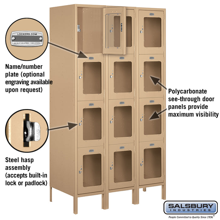 Salsbury 15" Wide Four Tier See-Through Metal Locker - 3 Wide - 6 Feet High - 18 Inches Deep - Tan - Assembled - Sweatfully