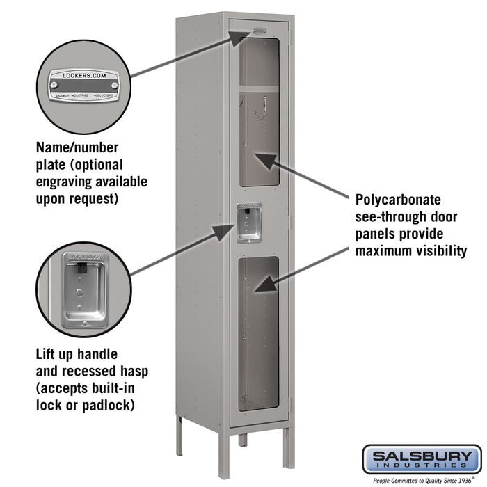 Salsbury 12" Wide Single Tier See-Through Metal Locker - 1 Wide - 5 Feet High - 12 Inches Deep - Gray - Assembled - Sweatfully
