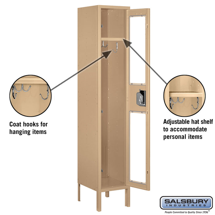 Salsbury 12" Wide Single Tier See-Through Metal Locker - 1 Wide - 5 Feet High - 12 Inches Deep - Tan - Assembled - Sweatfully
