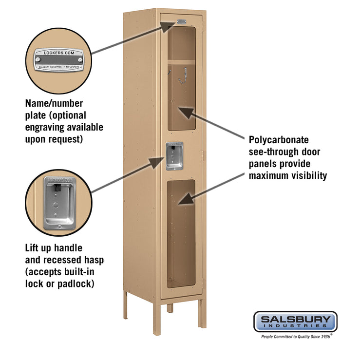 Salsbury 12" Wide Single Tier See-Through Metal Locker - 1 Wide - 5 Feet High - 12 Inches Deep - Tan - Unassembled - Sweatfully