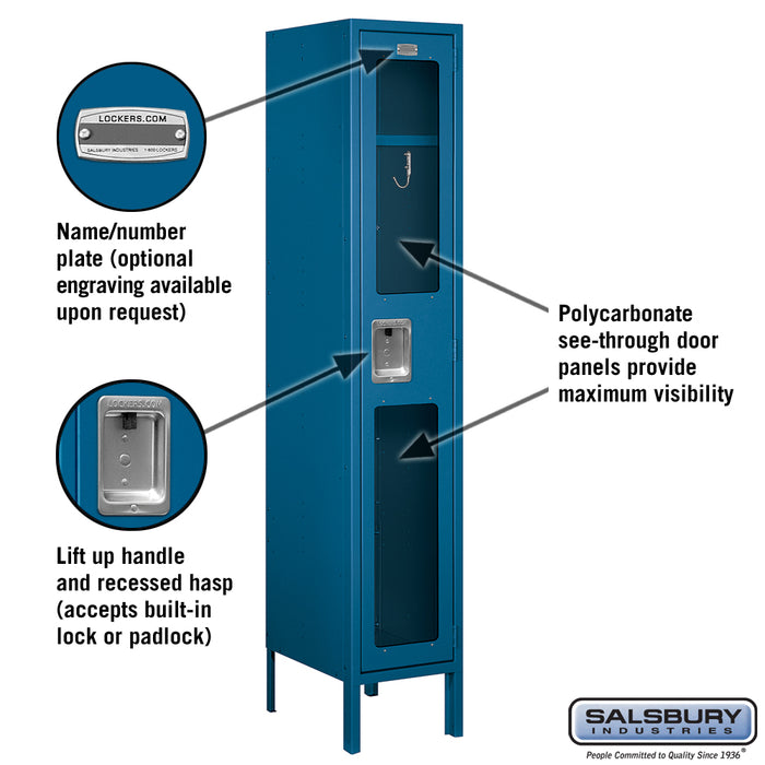 Salsbury 12" Wide Single Tier See-Through Metal Locker - 1 Wide - 5 Feet High - 15 Inches Deep - Blue - Assembled - Sweatfully