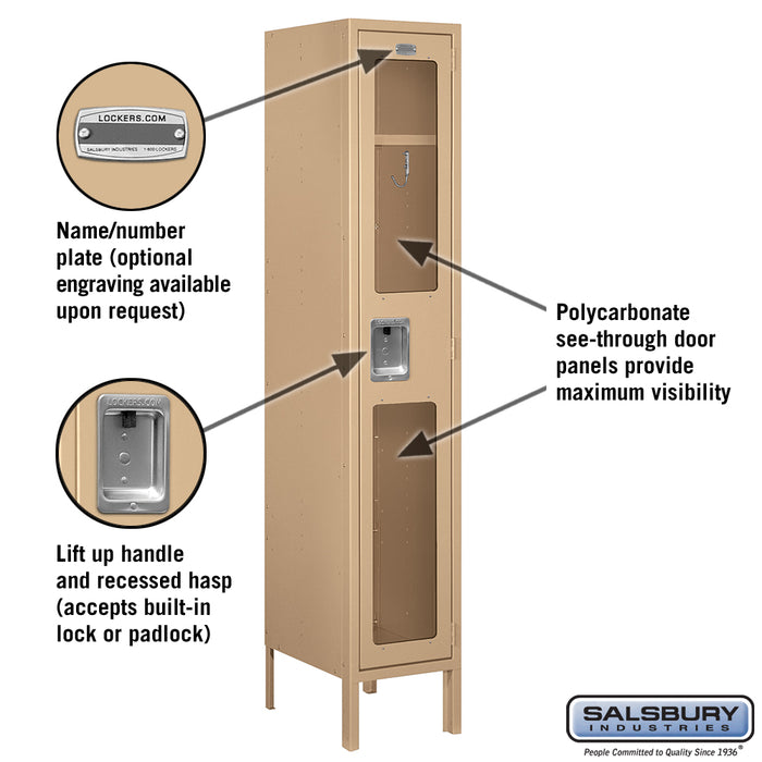 Salsbury 12" Wide Single Tier See-Through Metal Locker - 1 Wide - 5 Feet High - 15 Inches Deep - Tan - Assembled - Sweatfully