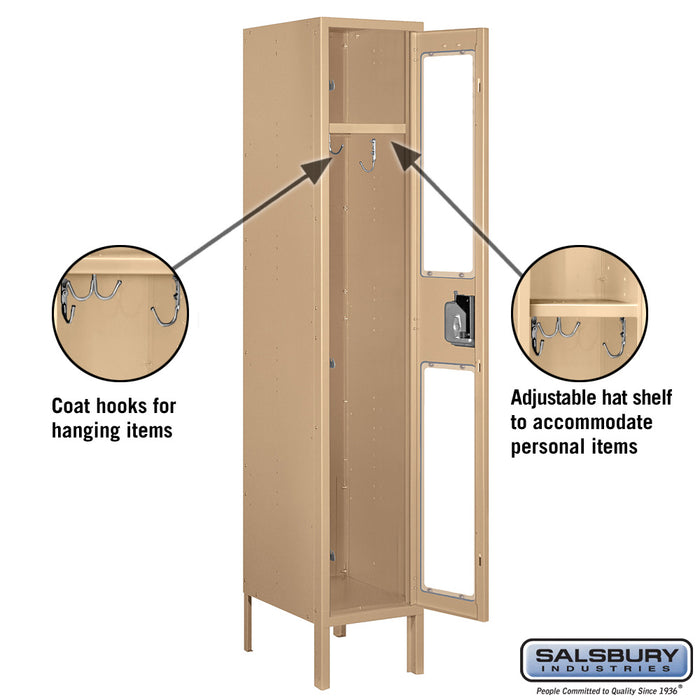 Salsbury 12" Wide Single Tier See-Through Metal Locker - 1 Wide - 5 Feet High - 15 Inches Deep - Tan - Assembled - Sweatfully