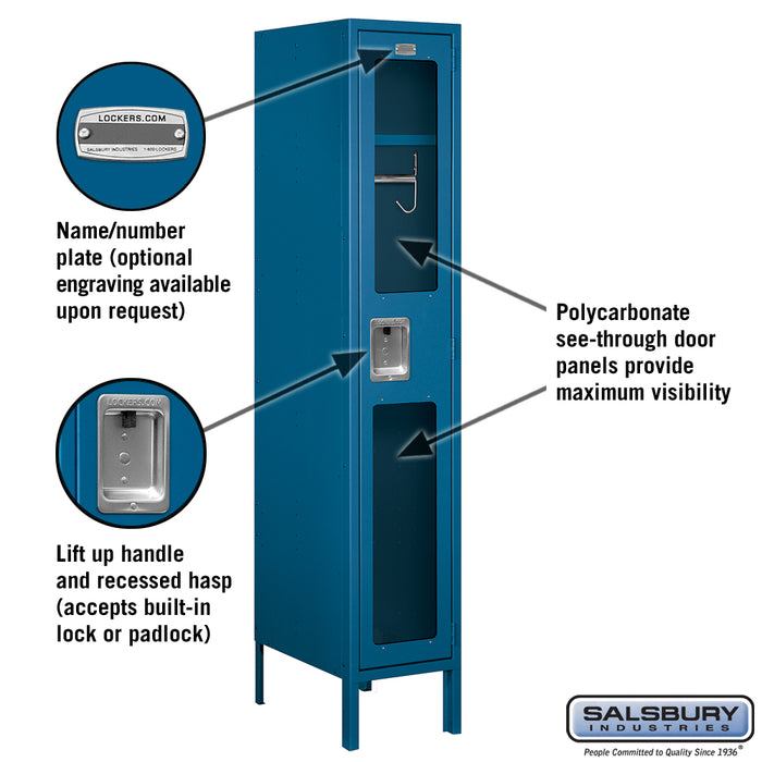 Salsbury 12" Wide Single Tier See-Through Metal Locker - 1 Wide - 5 Feet High - 18 Inches Deep - Blue - Assembled - Sweatfully