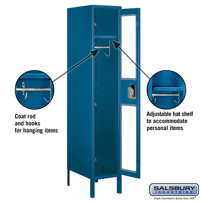 Salsbury 12" Wide Single Tier See-Through Metal Locker - 1 Wide - 5 Feet High - 18 Inches Deep - Blue - Unassembled - Sweatfully