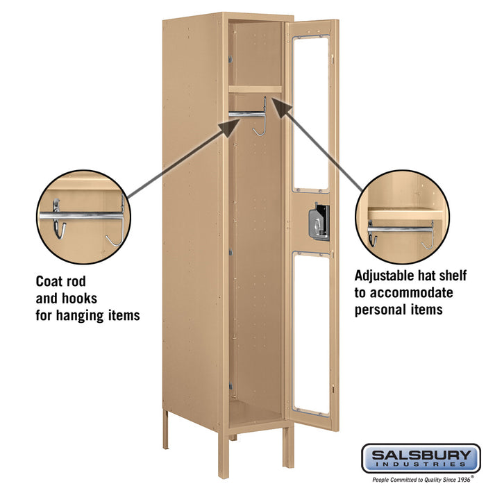 Salsbury 12" Wide Single Tier See-Through Metal Locker - 1 Wide - 5 Feet High - 18 Inches Deep - Tan - Assembled - Sweatfully