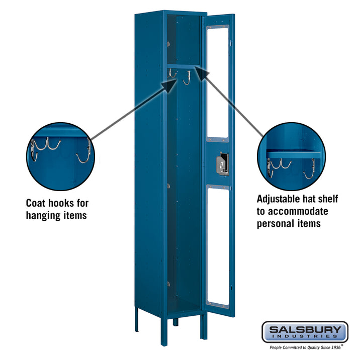 Salsbury 12" Wide Single Tier See-Through Metal Locker - 1 Wide - 6 Feet High - 12 Inches Deep - Blue - Assembled - Sweatfully