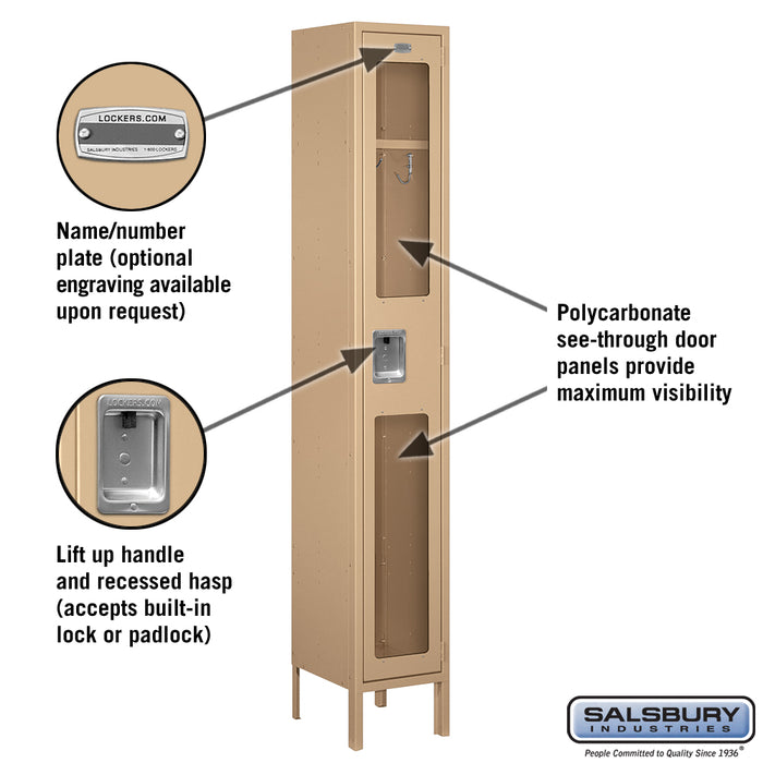 Salsbury 12" Wide Single Tier See-Through Metal Locker - 1 Wide - 6 Feet High - 12 Inches Deep - Tan - Assembled - Sweatfully