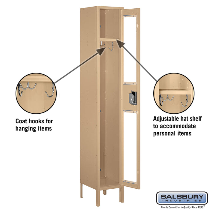 Salsbury 12" Wide Single Tier See-Through Metal Locker - 1 Wide - 6 Feet High - 12 Inches Deep - Tan - Unassembled - Sweatfully