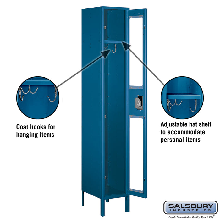 Salsbury 12" Wide Single Tier See-Through Metal Locker - 1 Wide - 6 Feet High - 15 Inches Deep - Blue - Unassembled - Sweatfully