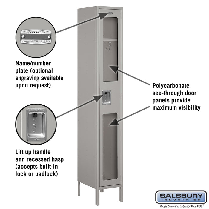 Salsbury 12" Wide Single Tier See-Through Metal Locker - 1 Wide - 6 Feet High - 15 Inches Deep - Gray - Unassembled - Sweatfully