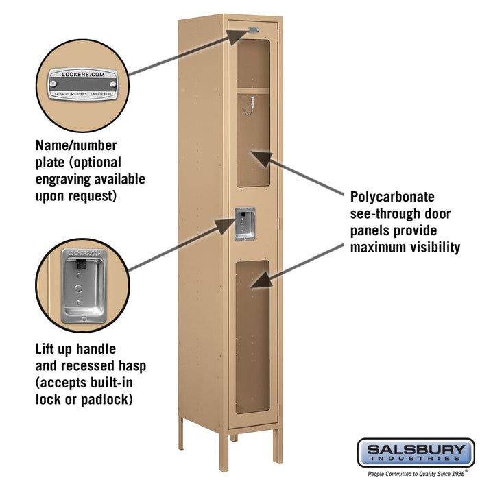 Salsbury 12" Wide Single Tier See-Through Metal Locker - 1 Wide - 6 Feet High - 15 Inches Deep - Tan - Unassembled - Sweatfully