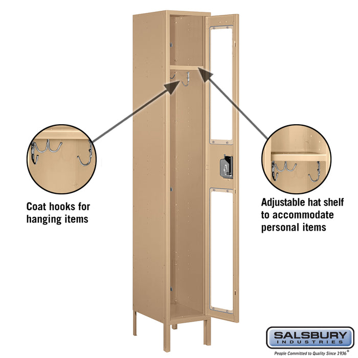Salsbury 12" Wide Single Tier See-Through Metal Locker - 1 Wide - 6 Feet High - 15 Inches Deep - Tan - Unassembled - Sweatfully