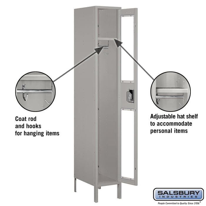 Salsbury 12" Wide Single Tier See-Through Metal Locker - 1 Wide - 6 Feet High - 18 Inches Deep - Gray - Assembled - Sweatfully